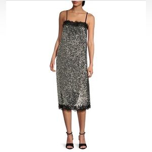 Gianni Bini X Lilly Sisto Allegra Sequin Lace Trim Spaghetti Strap Midi Dress‎